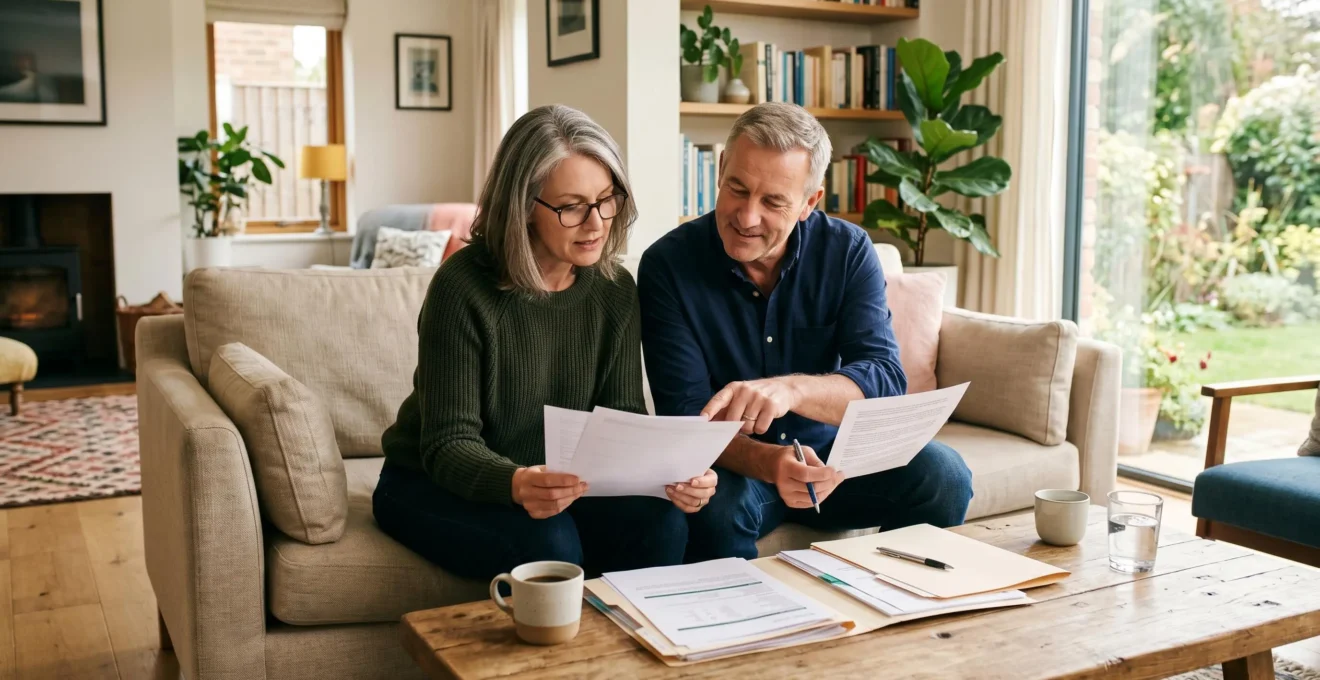 Couple dans la cinquantaine échangeant autour de documents financiers dans un salon moderne et lumineux