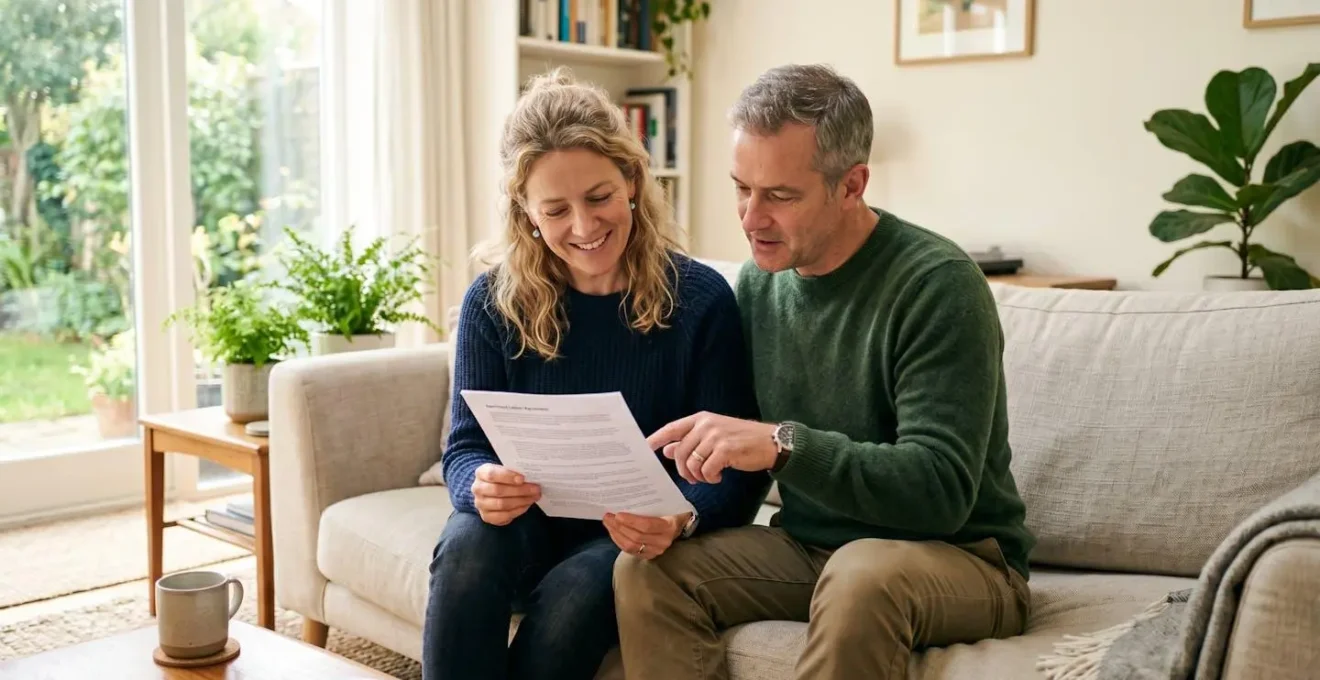 Un couple dans la quarantaine discutant de documents financiers dans un salon lumineux, sans appareil numérique visible