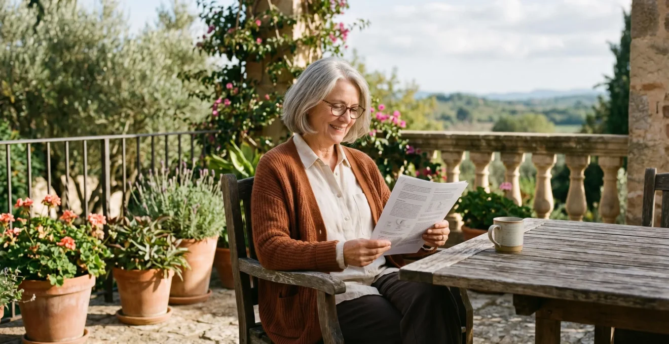 Personne d'une soixantaine d'années consulte sereinement un document sur une terrasse ensoleillée